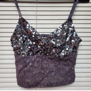 VICTORIA’S SECRET Gun Metal Gray Sequin Lace Bralette Adjustable Strap SZ LG EUC